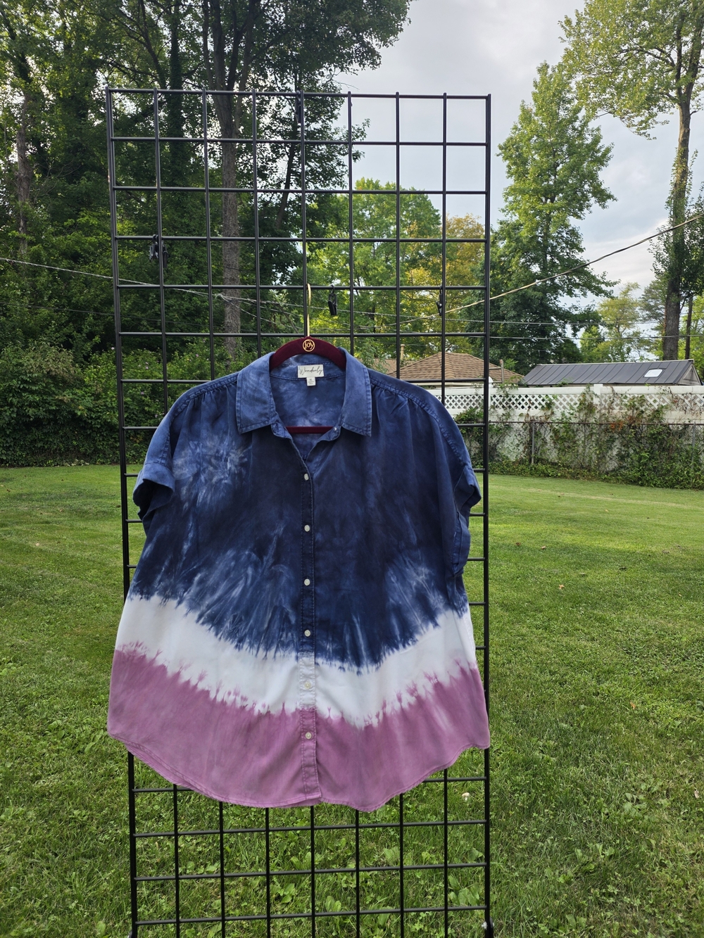 Wonderly Tie-Dye Short Sleeve Button-Down Shirt - Navy, White & Pink